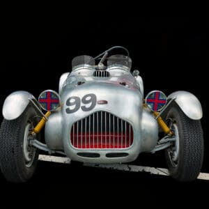 Vintage silver race car, number 99
