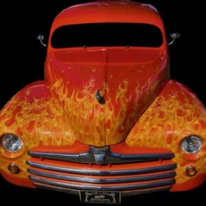 Red vintage car with flaming paint job