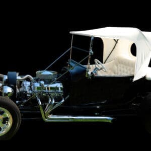 Black T-bucket hot rod with white canopy