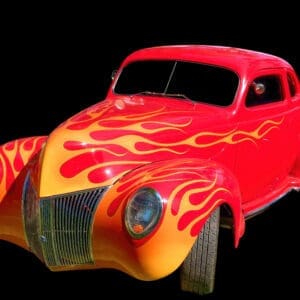 Red classic hot rod with yellow flames