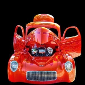 Orange flame hot rod with exposed engine
