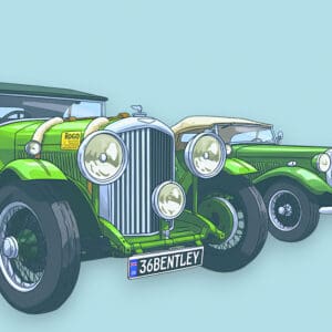 Two vintage green Bentley cars, front view