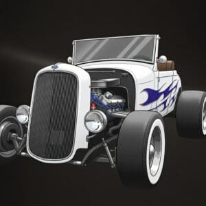 White vintage hot rod convertible with blue flames