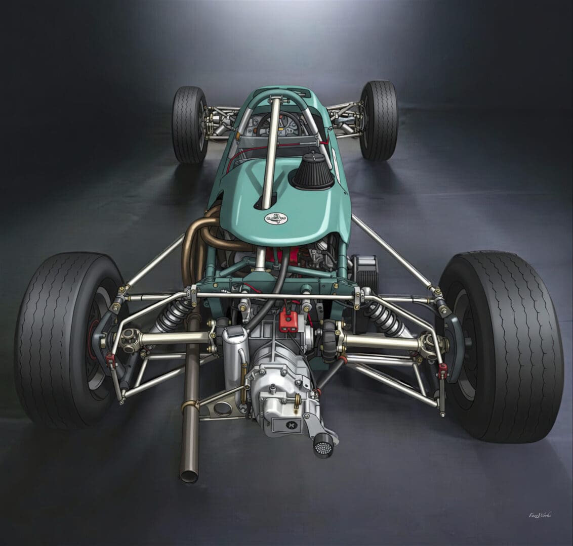 Teal vintage open-wheel race car chassis
